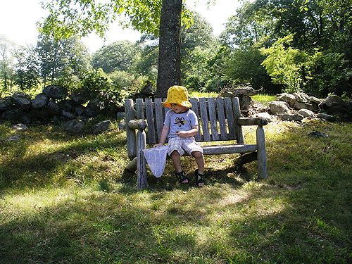 I think that I shall never see... a bench more perfectly placed than thee. This rustic bench was one of anumber scattered in the reserve we were in... and it was exactly Calvin sized.