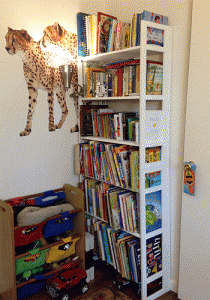 Cheetahs emerge from a stuffed bookshelf. We all love our books!