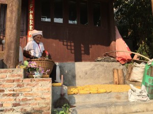A Zhuang elder removes corn kernels off dried corn cobs.